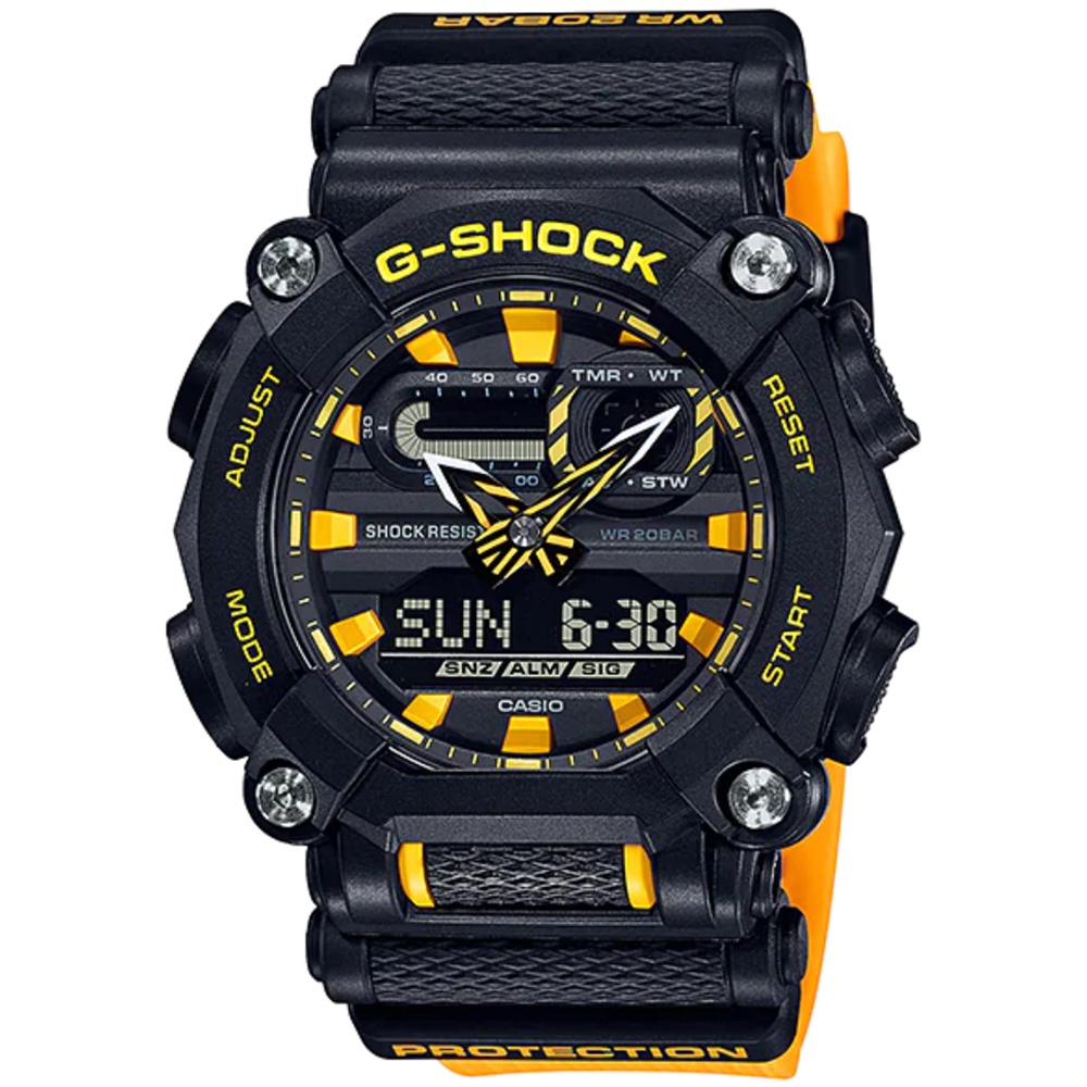 CASIO卡西歐 G-SHOCK 街頭工業風十邊形錶圈-耀眼黃(GA-900A-1A9)