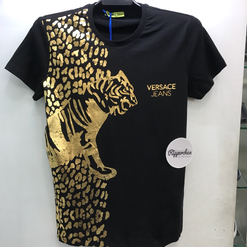Versace jeans 黑色 燙金 燙銀 老虎 圖案 圓領T恤 全新正品