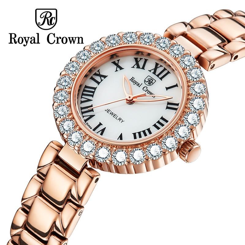 蘿亞克朗 Royal Crown 日本機芯6305S 金色華貴氣質鑲鑽 手錶 金屬鑲鑽鏈帶  歐洲 義大利品牌精品 女錶