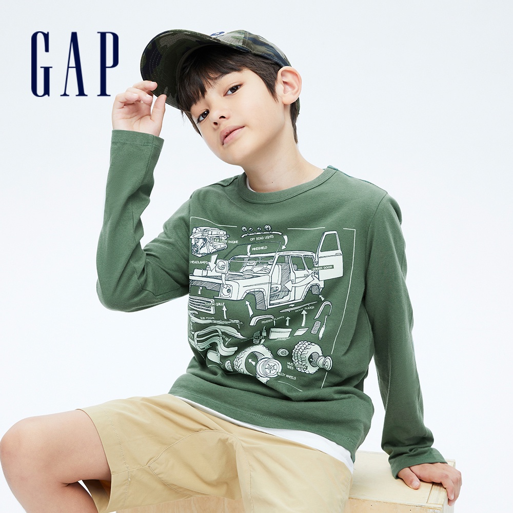 Gap 男童裝 純棉創意印花長袖T恤-綠色(749414)