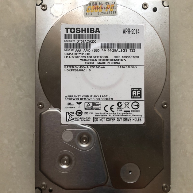 東芝 toshiba 2TB 3.5吋 桌機用 機械式硬碟
