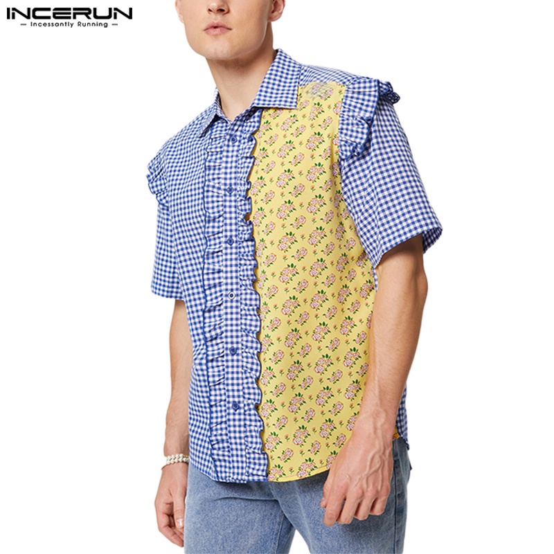 Incerun Men Midsummer 短袖拼布荷葉邊格子襯衫