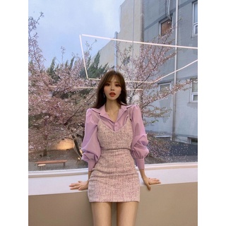 🇰🇷Korea韓國連線·正韓 細肩帶粗花呢背心裙+翻領泡泡袖襯衫 短洋裝 連身裙 連身洋裝 背心洋裝 細肩帶洋裝