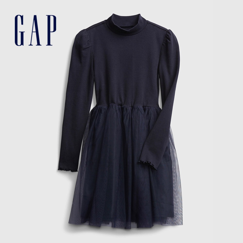 Gap 女童裝 氣質紗裙拼接長袖洋裝-海軍藍(649961)