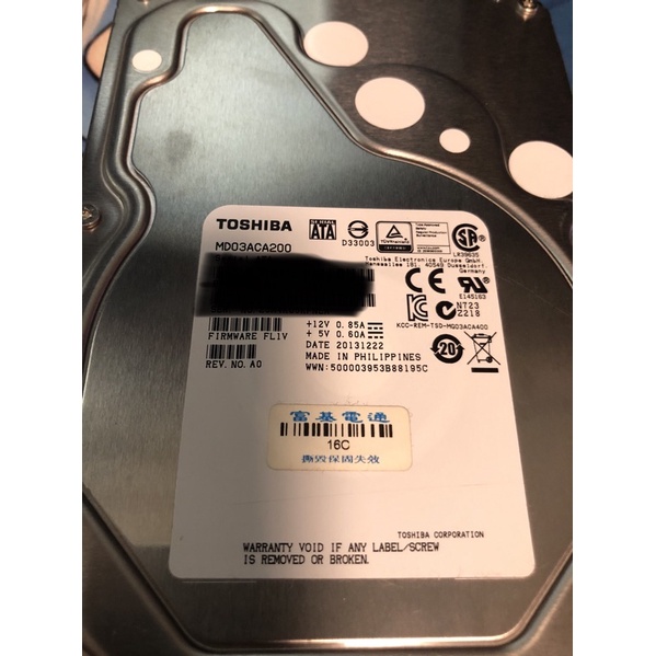 二手 Toshiba 3.5吋 MD03ACA200 2TB 硬碟   7200rpm 出廠年2013