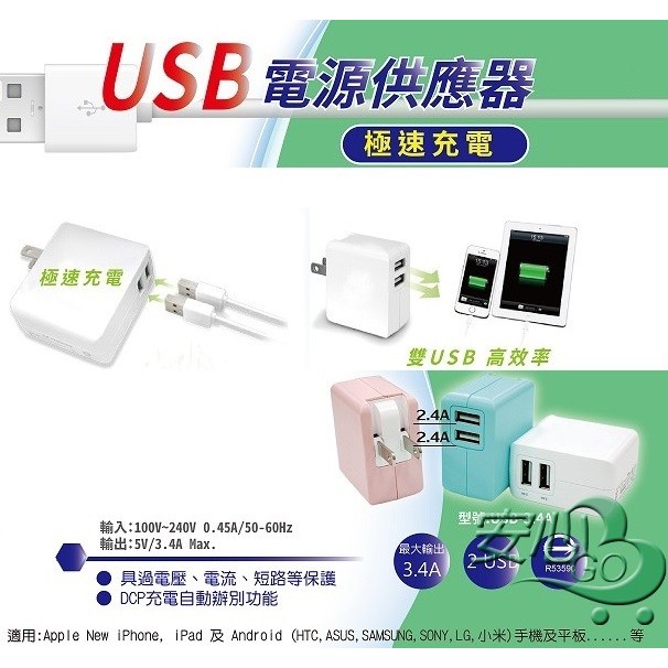 《安心Go》 3.4A快充USB電源供應器/充電器 摺疊插頭(變壓器 USB充電器 Apple 三星 蘋果 平板 豆腐頭