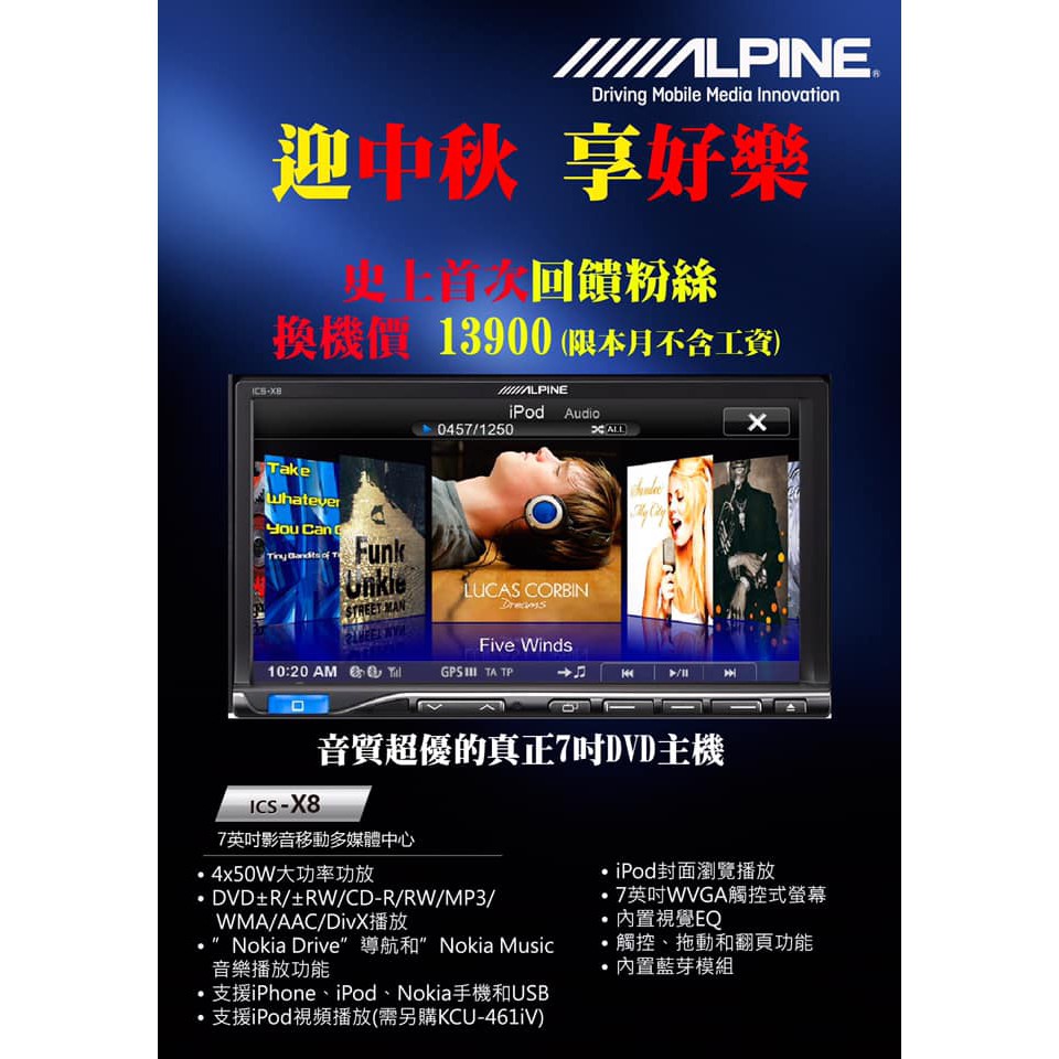 ALPINE  ICS-X8 單片DVD/IPOD/IPHONE/AUX/USB/APP/藍芽主機公司貨回饋13900