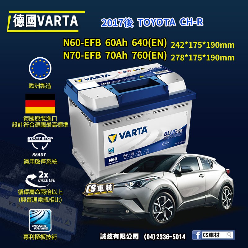 CS車材-VARTA 華達電池 TOYOTA CHR 17年後 N60 N70 D52 E39 代客安裝 非韓製