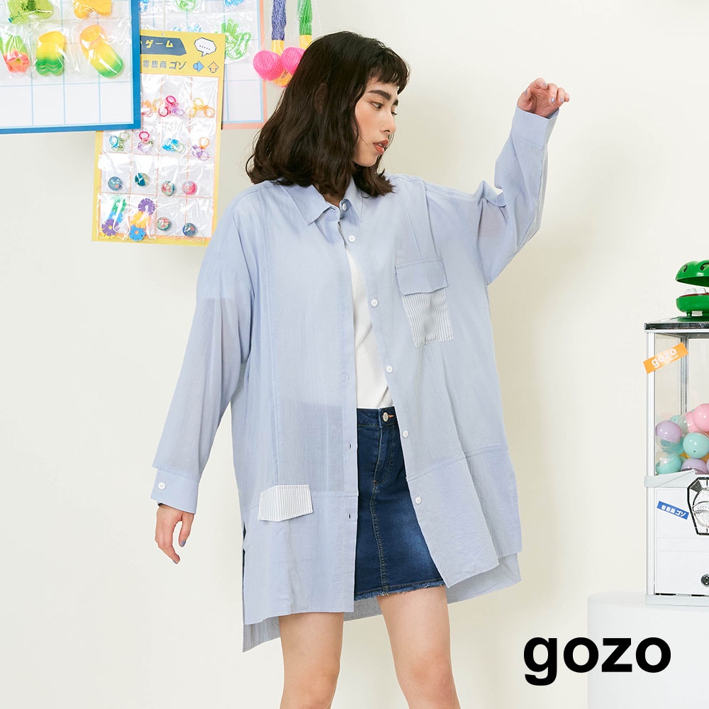 【gozo】輕薄條紋拼接長版襯衫(淺藍/淺綠_F)｜女裝 修身 休閒