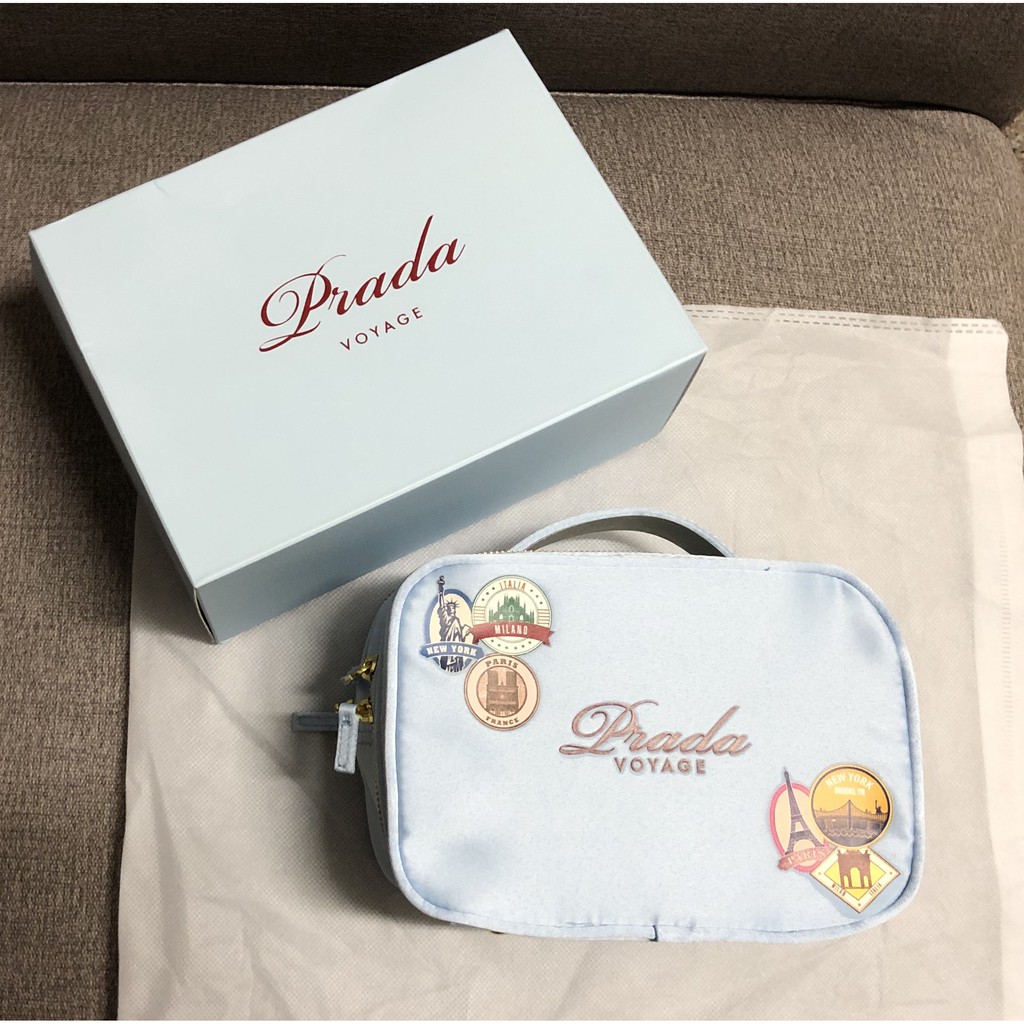 Prada 專櫃正貨贈品 法國紀念版 湖水藍尼龍雙層提把化妝包/旅行包/萬用包/手拿包