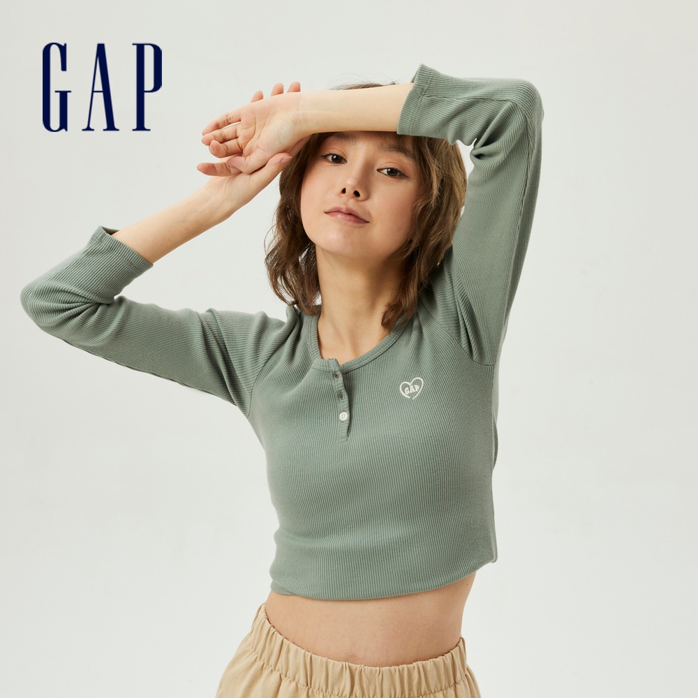 Gap 女裝 Logo純棉亨利領修身長袖T恤 女友T系列-淺綠色(790144)