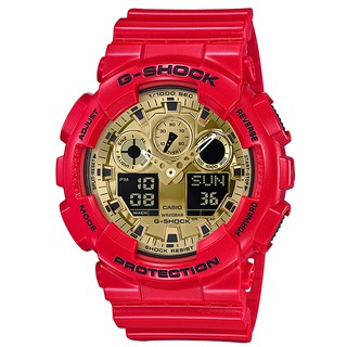 【金台鐘錶】G-SHOCK卡西歐 火紅超人氣指針數位雙顯 新春 (紅+金) GA-100VLA-4A