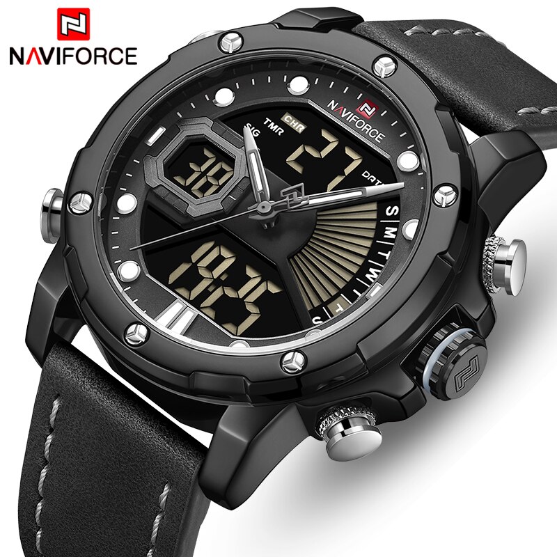 領翔NAVIFORCE奢侈品牌男士軍事運動手錶男士模擬數字石英腕錶防水雙顯示LED男性時鐘