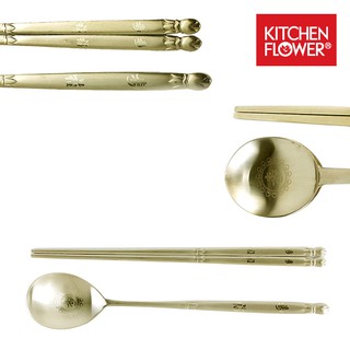 韓國KitchenFlower不鏽鋼鋯金福壽扁筷湯匙組(ES0435)【韓購網】