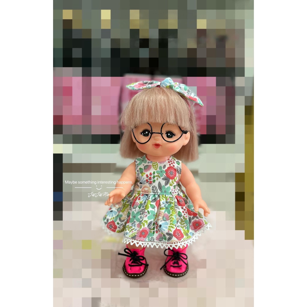 JUJU MA~手作小美樂娃娃衣服髮飾．背心短洋裝ｘ兔耳髮帶．綠葉桃紅花款