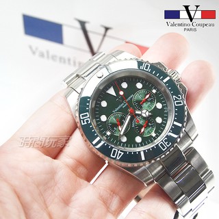 valentino coupeau范倫鐵諾 夜光時刻 不鏽鋼 防水手錶 男錶 潛水錶 水鬼 石英錶 V61589三眼綠