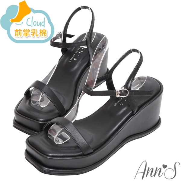 Ann’S美圖厚底系列-一字帶側V口方頭涼鞋-7.5cm-黑