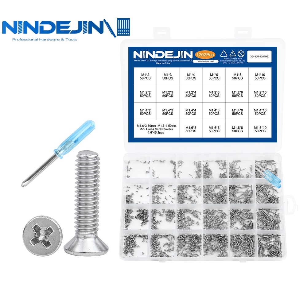 Nindejin 1202PCS 迷你 Phillips 螺絲組 M1 / M1.2 / M1.4 / M1.6 不銹鋼