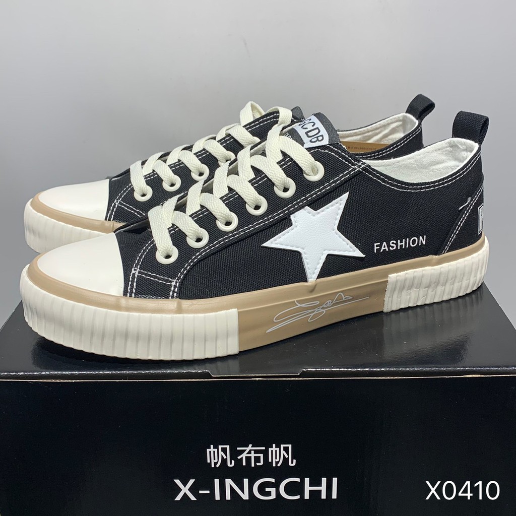 X-INGCHI 男款黑卡其色星星帆布休閒鞋 NO.X0410