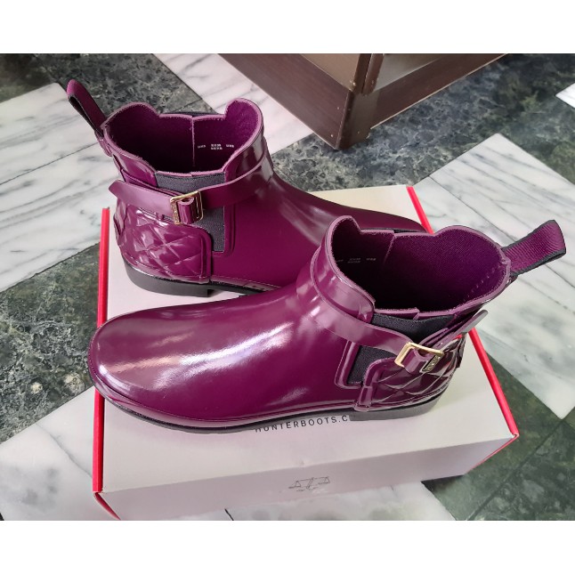 HUNTER 經典格紋紫色亮面短雨靴 百貨購入