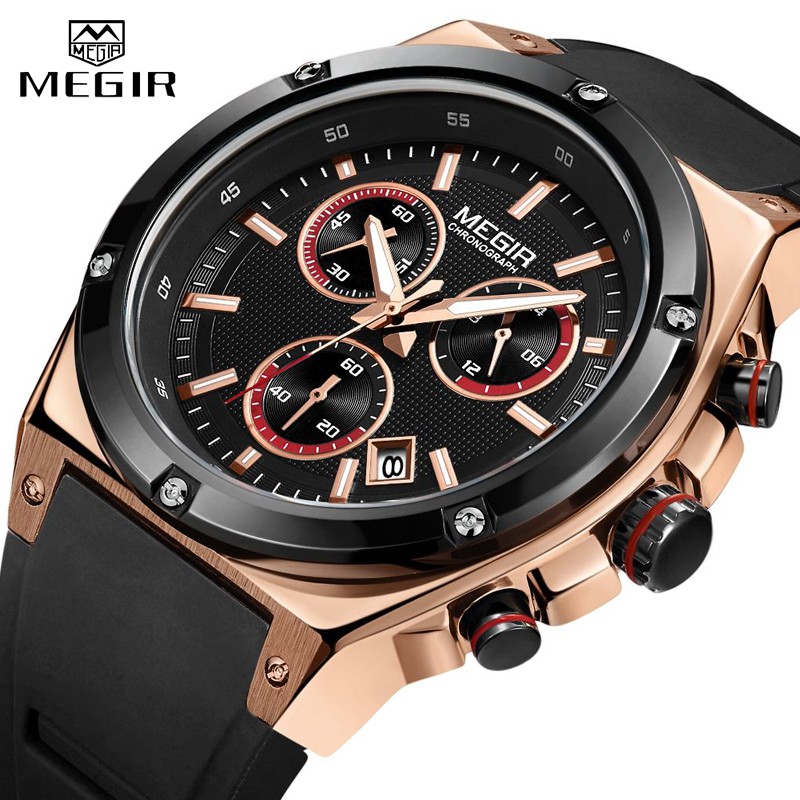 Megir 品牌運動手錶男士時尚休閒黑色矽膠防水夜光手錶計時碼表模擬石英鐘男