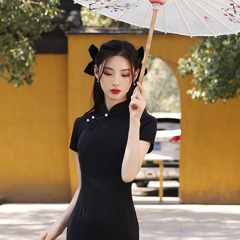 M-3XL 改良式旗袍 氣質減齡 顯瘦洋裝 旗袍洋裝 中國風 長裙洋裝 旗袍改良 夏季洋裝 黑色洋裝 旗袍大尺碼