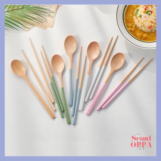 [1+1] 韓國暖色木勺和筷子套裝 2 件飲食用具可重複使用的木筷子烹飪長茶匙