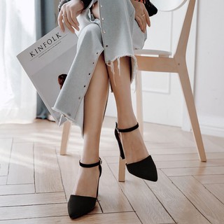 現貨👠韓國質感絨質扣帶高跟顯瘦絨面雙綁帶粗跟復古尖頭高跟鞋 低跟鞋高跟鞋