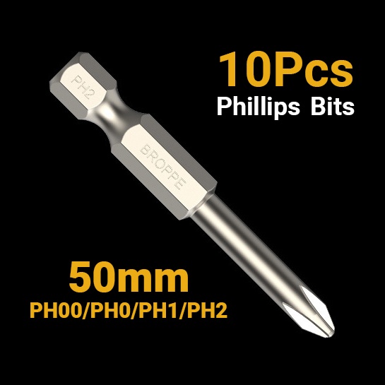 10 件 50 毫米十字螺絲刀頭 PH00/PH0/PH1/PH2,磁性 S2 鋼 1/4" 六角柄十字螺絲刀頭,用於電