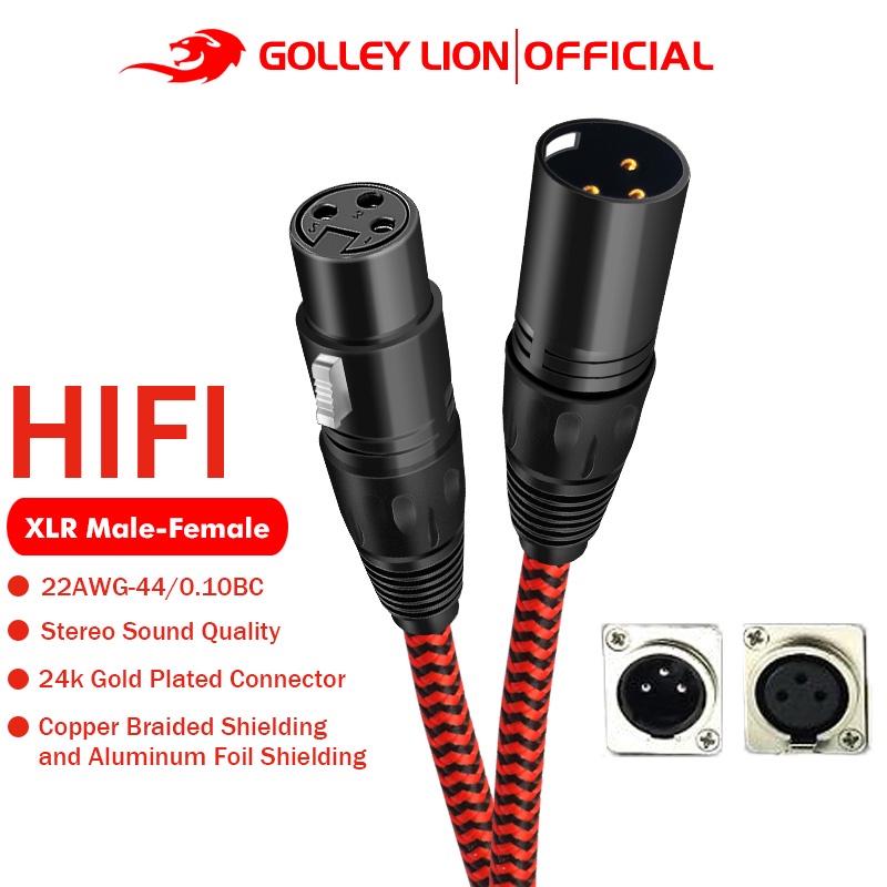 Golley LION 3 針 XLR 公對母平衡音頻線,用於麥克風紅色白色藍色編織套管 22AWG