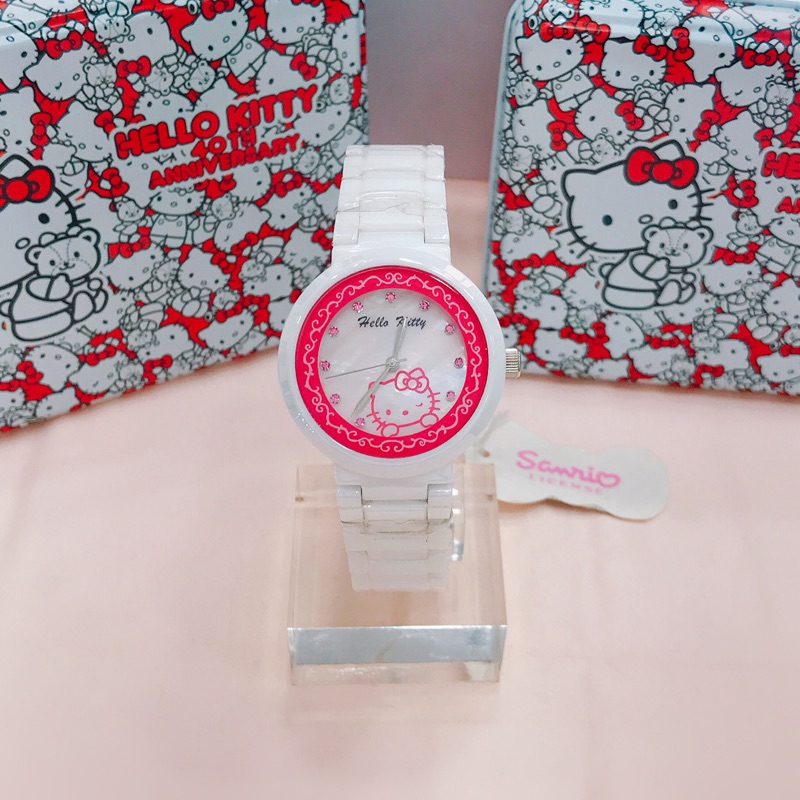 ✨ HELLO KITTY 公司貨 ✨ 凱蒂貓 可愛KITTY鑲鑽貝殼錶面陶瓷手錶 防水 保固 LK616LWPS-R