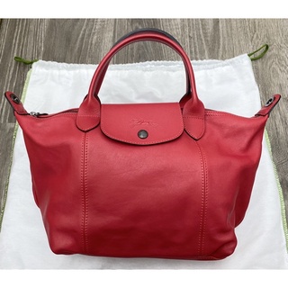 全新專櫃正品~LONGCHAMP LE PLIAGE CUIR小羊皮寬背帶折疊水餃包/斜揹包(紅色M號)