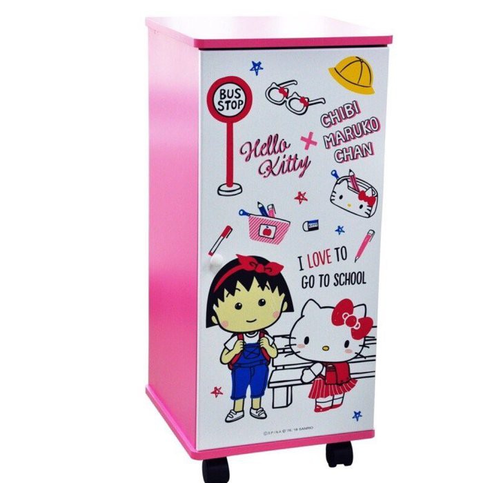 👑優惠價正版授權 木製 DIY 組裝 Hello Kitty &amp; 小丸子 拉門滾輪櫃 三層櫃 收納櫃 KT-630010