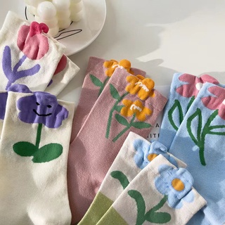 KAFU 女士學院風立體鮮花圖案襪子 時尚潮流花朵可愛中筒襪