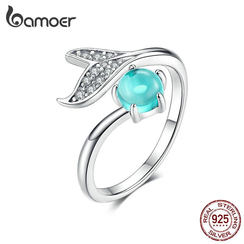 Bamoer 美人魚戒指 925 純銀藍色海洋石尾戒女士