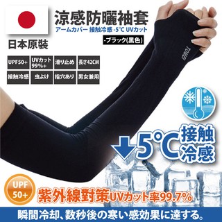 日本原裝-紫外線對策接觸冷感速降5℃防曬涼爽成人指孔袖套-黑色款