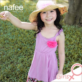 輕薄純棉荷葉肩帶花朵背心亮麗洋裝--粉紫 台灣製造 nafee精品童裝 夏裝