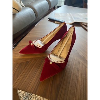 中式婚鞋 新娘鞋 女 红色高跟鞋 婚鞋 紅絲絨高跟鞋