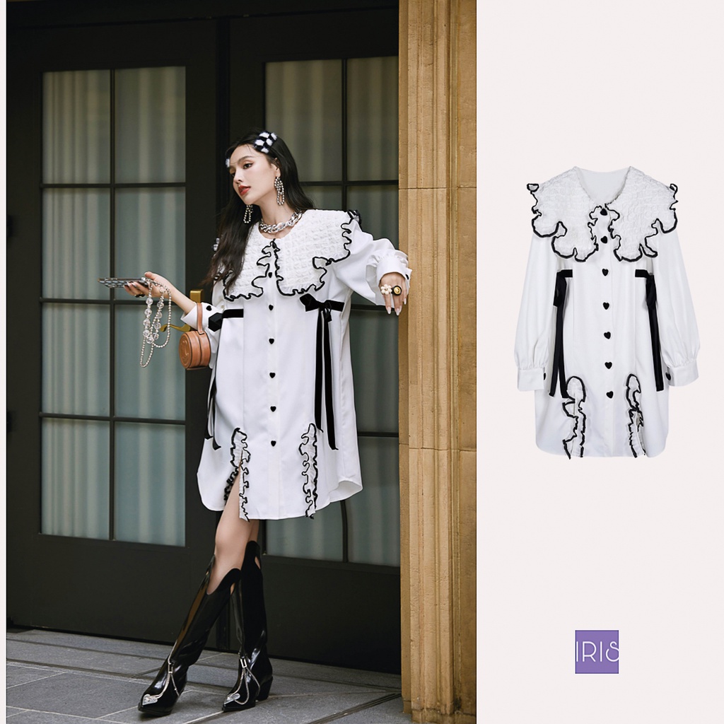 IRIS BOUTIQUE 泰國小眾原創設計 ID2251399 白色蕾絲花邊翻領長袖洋裝女初秋新款