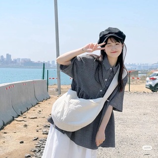 夏季套裝女學生韓版寬鬆文藝復古POLO領黑格子襯衫 半身裙兩件套