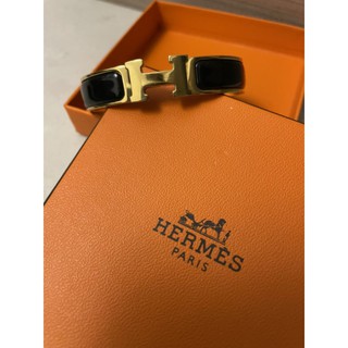 (正品)HERMES 經典CLIC H LOGO琺瑯扣手環 (窄版) 黑/金