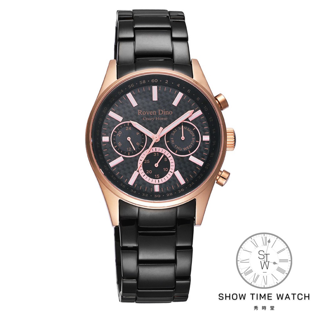羅梵迪諾 都會紳士 碳纖維紋面盤 三眼錶-黑鋼帶/黑面玫瑰金殼 RD6087BRG-456 [ 秀時堂 ]