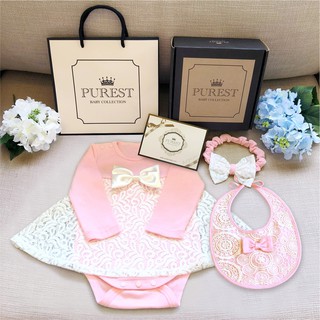 官方 PUREST baby collection 小公主的華麗裝扮 長袖豪華版嬰兒禮盒(禮服+髮帶+圍兜)彌月送禮