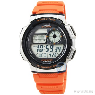 【CASIO】卡西歐多時區鬧鈴電子膠帶錶-橘 / AE-1000W-4B (原廠公司貨)