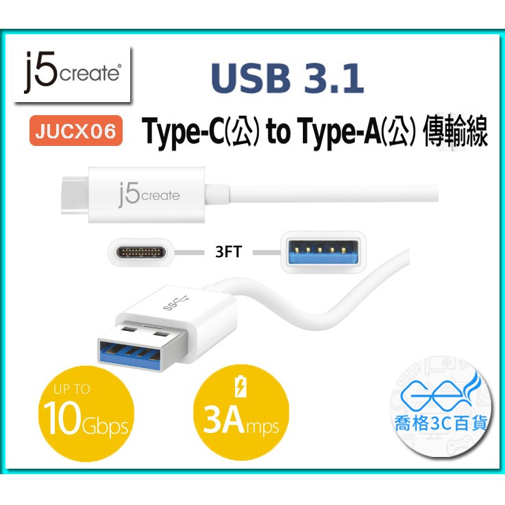 凱捷 j5 create JUCX06 USB 3.1 Type- C to Type-A傳輸線