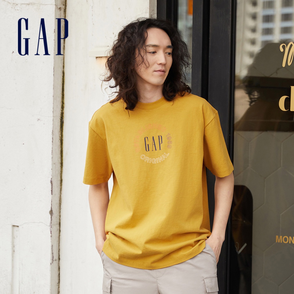Gap 男女同款 Logo純棉短袖T恤 厚磅密織水洗棉系列-黃色(809024)