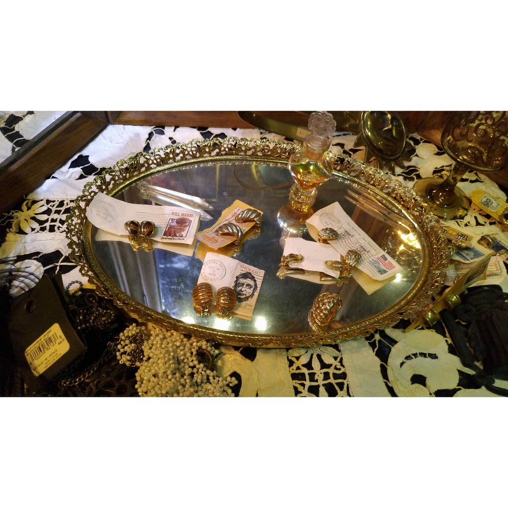 美國古董橢圓桌面托盤鏡子 復古橢圓鏡 復古鏡面托盤 [WALLART-0157]