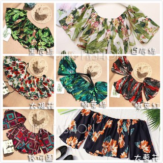 特價*太陽花現貨秒出售完不再💋【JinG】波西米亞渡假風🌴斷袖一字領七分袖上衣 喇叭袖上衣 幾何/圖騰/碎花寬袖短版上衣