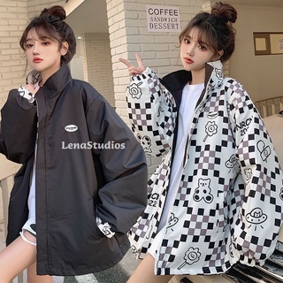 【LenaStudios】日系原宿寬鬆薄款防風兩面穿雙面飛行外套夾克 運動外套棒球外套韓版可愛少女外套