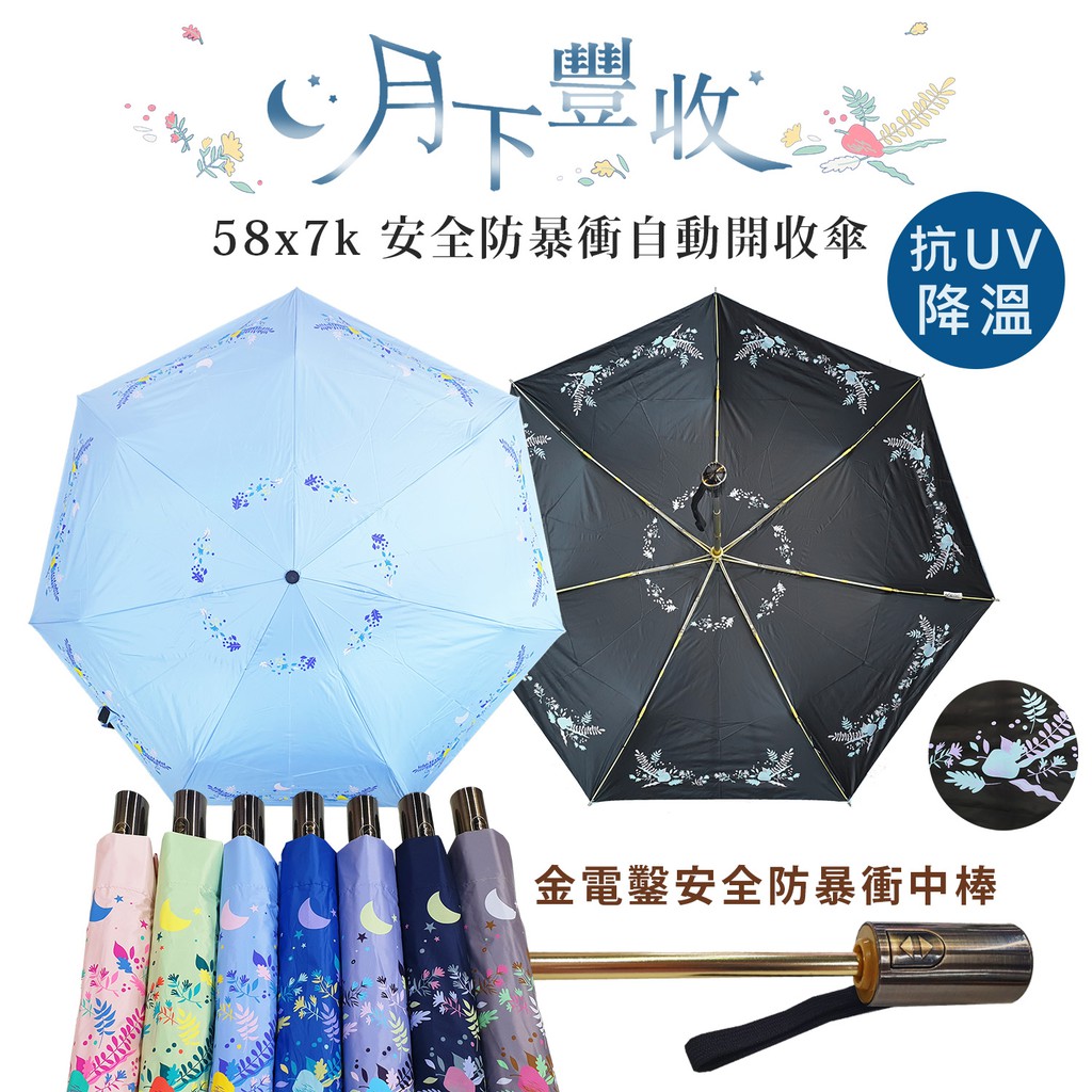 58×7 輕量大傘面 安全防暴衝自動開收傘 月下豐收 自動傘 抗UV 降溫 超潑水快乾 黑膠布